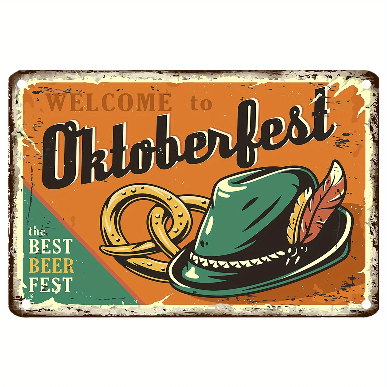 Vintage Oktoberfest Metal Sign -  Rustic Beer Festival Decor with Green Hat & Pretzel Design, Perfect for Bars, Taverns, or Bedr