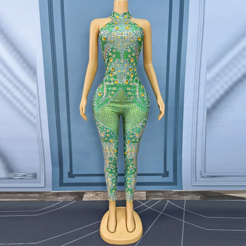 Combinaison sans manches avec strass verts pour femmes, tenue de Festival sur scène de chanteur, discothèque Dj Ds, vêtements de pôle danse, Costume Gogo XS9664