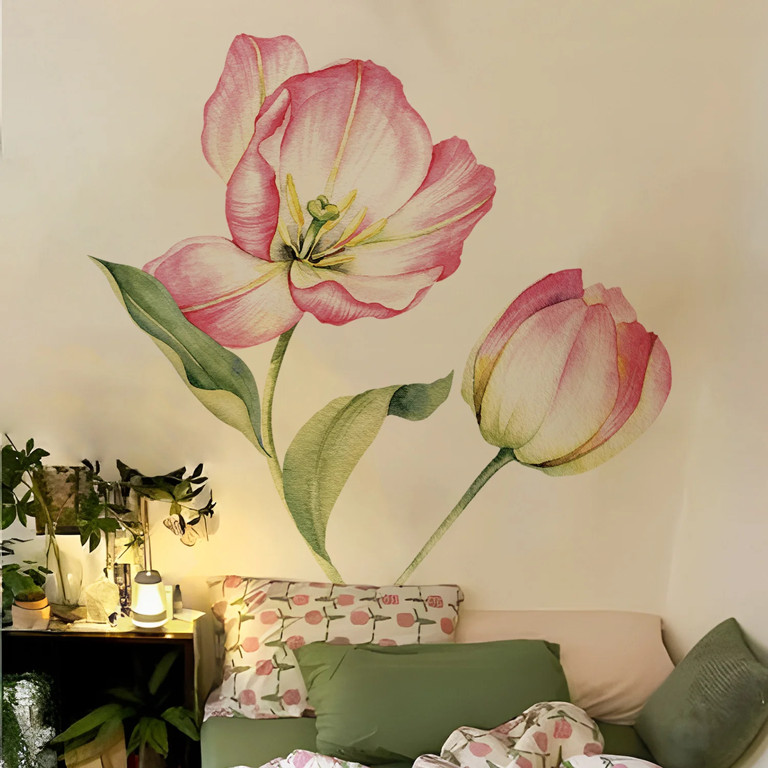 Pink Tulip Flower Removable DIY Art Decor Wall Murals Fabric Floral ，Peel and Stick Colorful Flower Wall Decor for Living Room