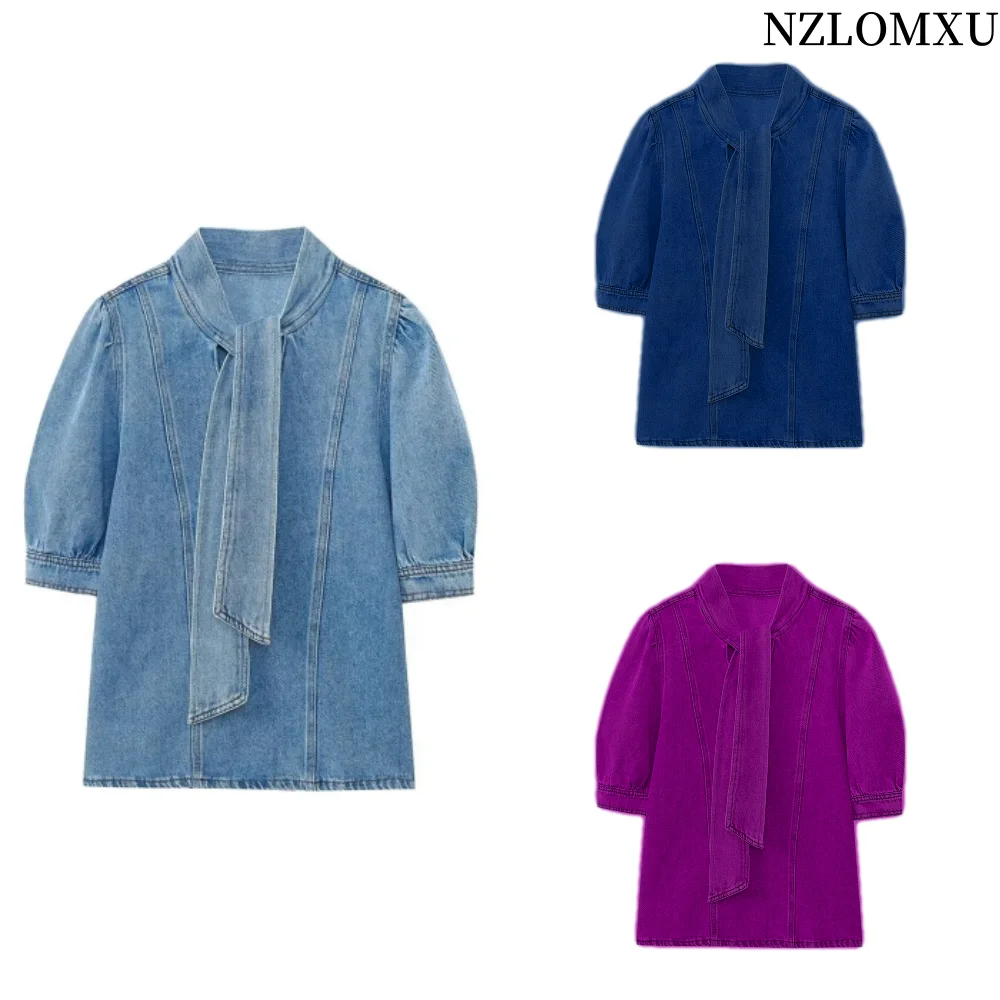 2024 Women Blouse Fashion New Bowtie Neckline Denim Shirt Casual Loose Fitting Long Sleeves Woman Blouses And Shirts Top