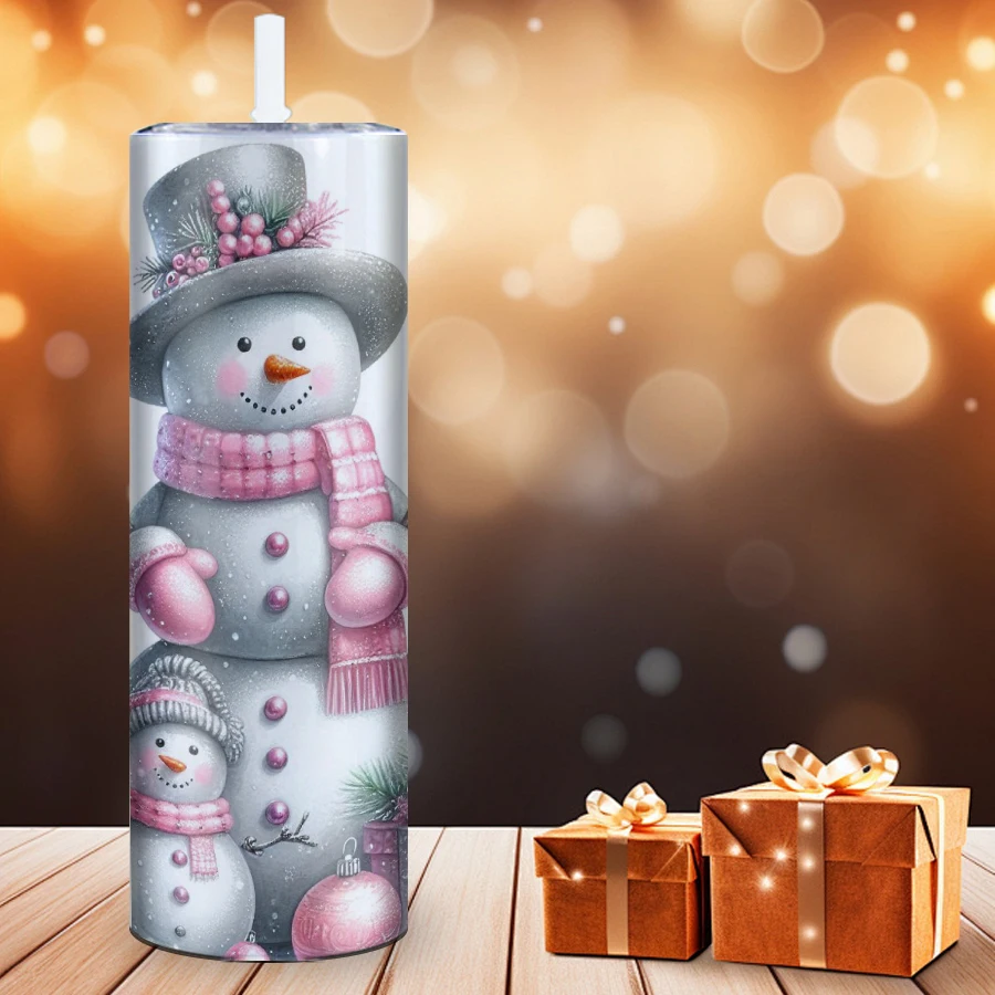 20oz 1Pc Xmas Party Mugs Straw Lid Stainless Steel Insulated Cups  3D Print Snowman Outdoor Travel Mugs Christmas Festive Gifts