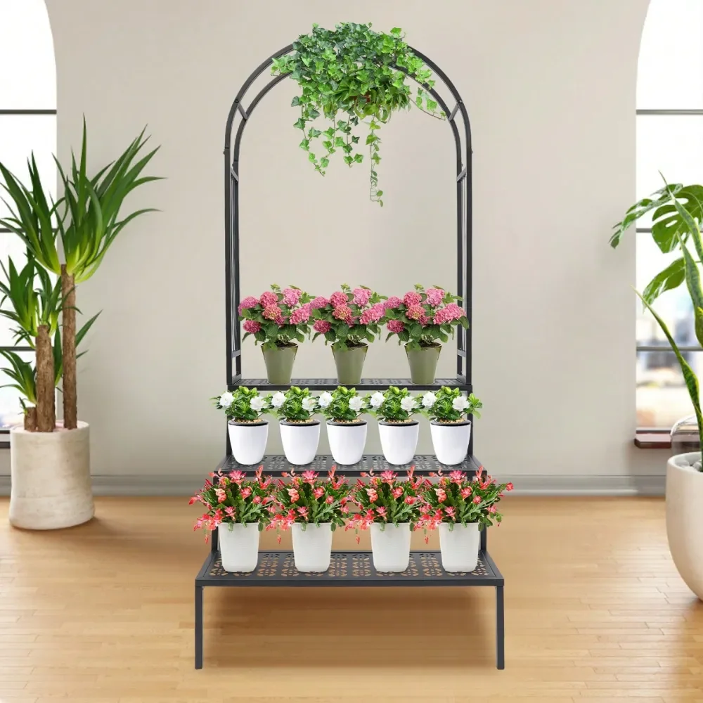 

Tier Plant Stand With Garden Arch, Flower Pot Holder Display Shelf, Garden Arbor For Climbing Plants, Black