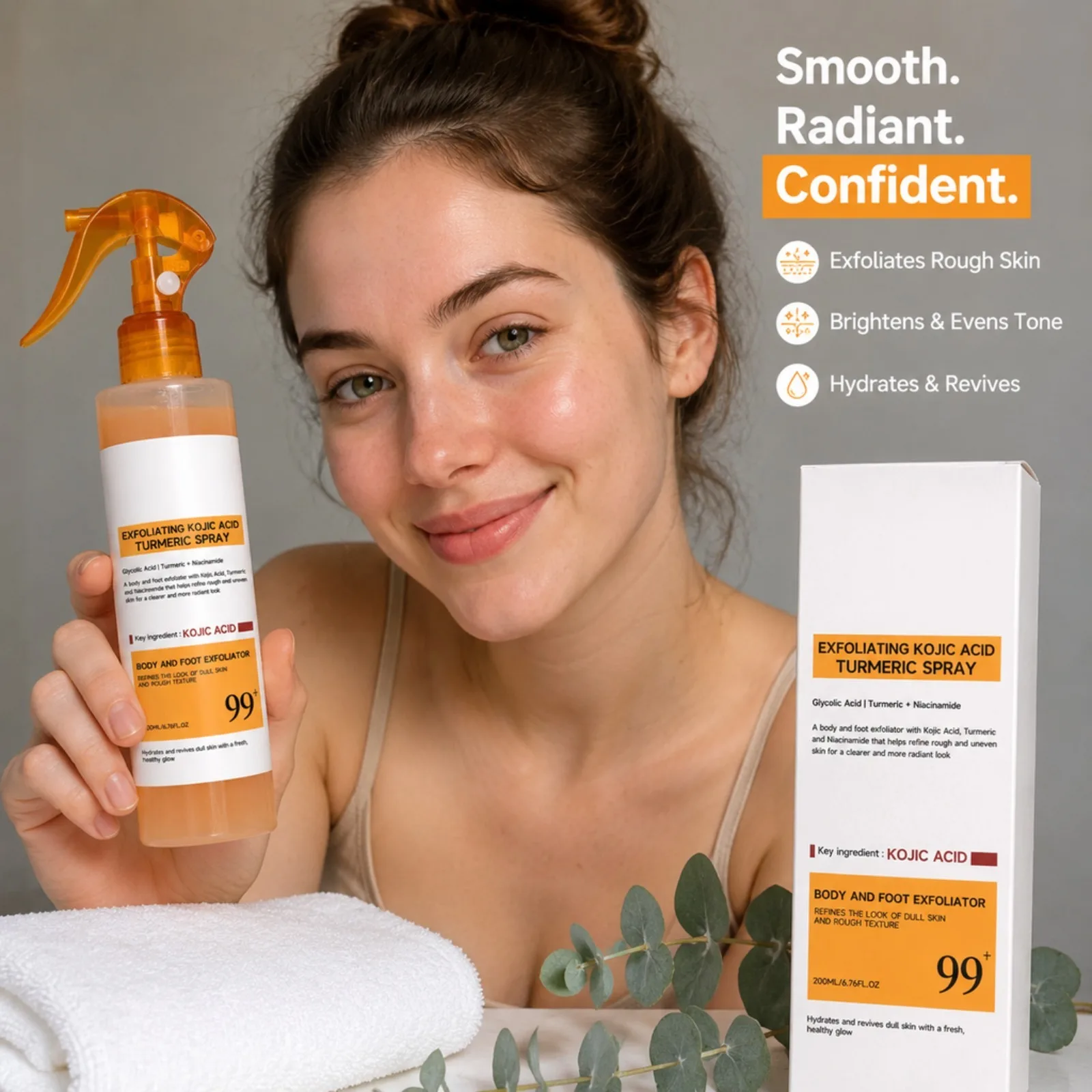 200ML Exfoliating Kojic Acid Turmeric Spray Body Foot Skin Spray Smoothing Rough Texture Hydrating Refreshing Body SkinCare