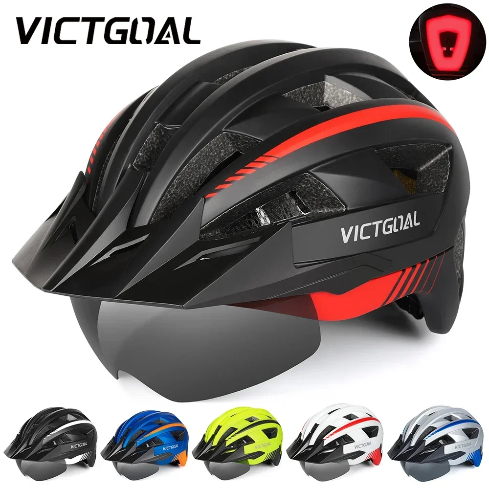 VICTGOAL MTB Road Bike Helmet for Men Women Visor Goggles LED Rear Light Mountain Bicycle Helmet Racing Safety Cycling Helmets