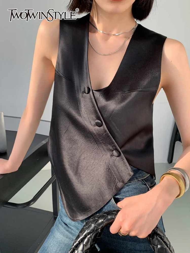 

TWOTWINSTYLE Casual Irregular Vests For Women V Neck Sleeveless Patchwork Button Temperament Tank Tops Female Fashion Clothing