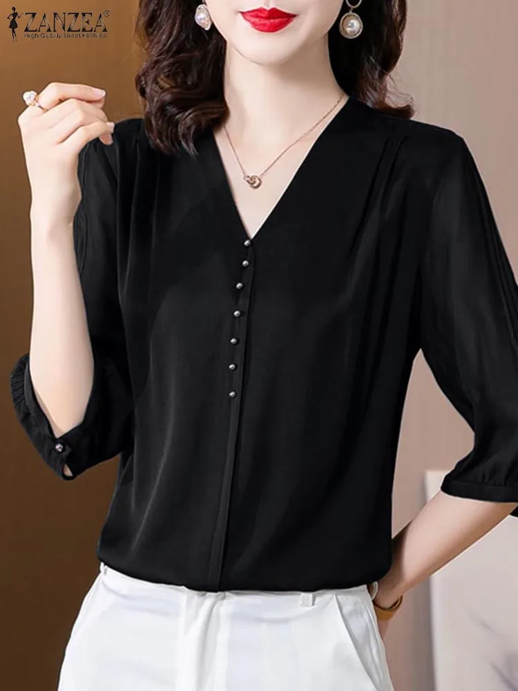 ZANZEA Office Lady Tops Summer Solid Satin Blouse Women Fashion V Neck Short Sleeve Blsuas Elegant OL Work Shirt Loose Chemise