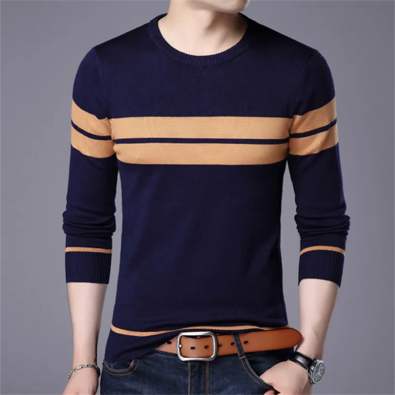 New Autumn Men\'s Knitted Sweater Pullovers Slim O Neck Long Sleeve Pullover Stripe Patchwork Pullover Casual Bottoming Sweaters