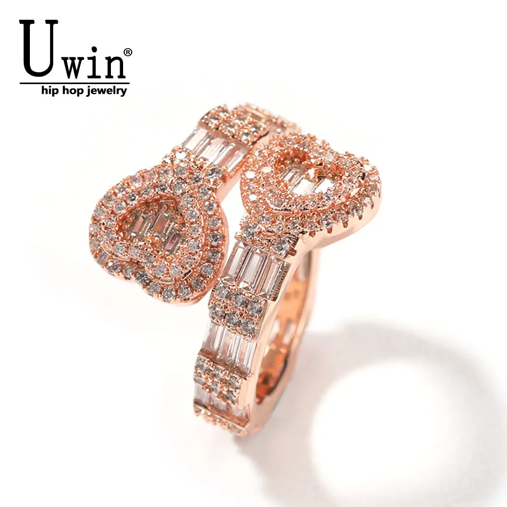 

Uwin Double Heart Rings Adjustable Bugette CZ Full Iced Out Bling Cubic Zirconia Men Punk Charm Luxury Hiphop Jewelry For Gift