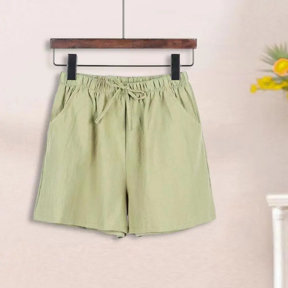 Summer Women Shorts Drawstring High Elastic Waist A-line Solid Color Loose Side Pockets Pleated Casual Homewear Sports Short Pa