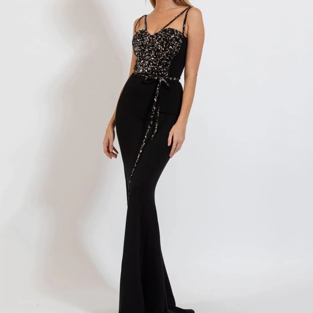 Customized Black Strapless Mermaid Sequined Jersey Evening Dresses Spaghetti Sleeveless Backless Floor Length Pageant Prom Gowns