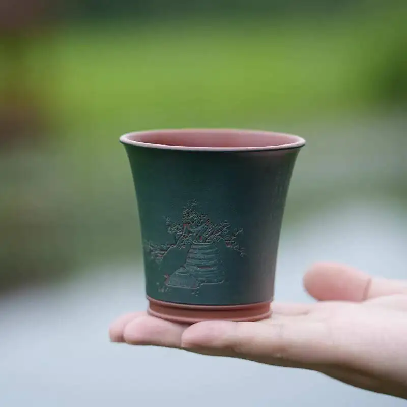 [Biyile Pot]Yixing Original Purple Clay Li Jianjun's Fully Handmade Two-Color Engraved Plum Blossom Master Cup 180Cc