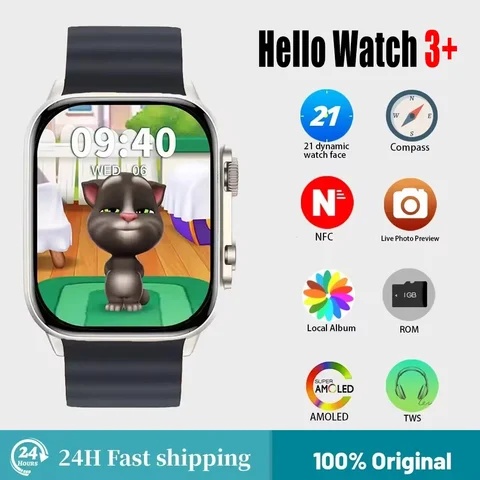 Hello Watch 3 Plus AMOLED Smart Watch 1GB ROM NFC Compass 450MAH Bluetooth Call Music 49mm Hello 3+ Men Women Smartwatch