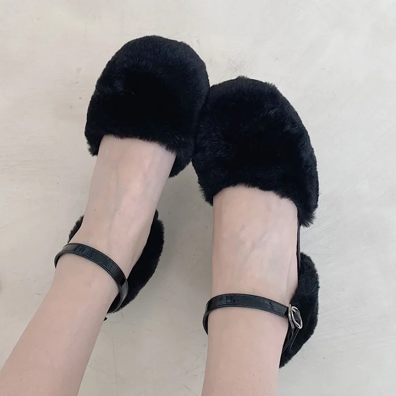 Fur Women Mary Janes Shoes Designer Shallow Mid Heels Pumps Autumn Fashon New Buckle Shoes 2024 Dress Party Zapatillas Mujer