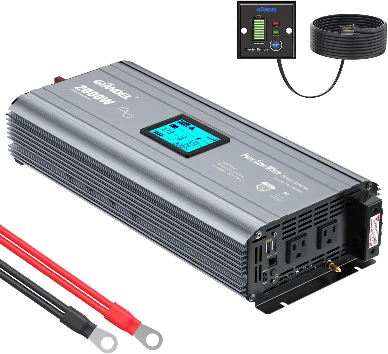 Pure Sine Wave Power Inverter Converts DC 12 Volt to AC 120 Volt with Hard Wire Terminals & Push Mount Remote Control