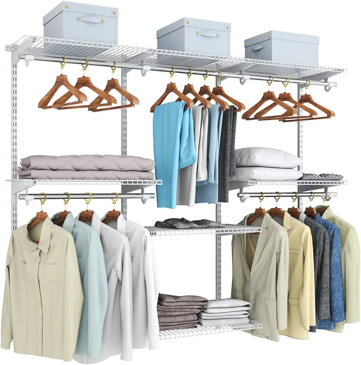 

Closet with Hanging Rod, Metal Hanging Storage Organizer Rack Wardrobe with Shelves, Adjustable Closet System Kit for Bedroom