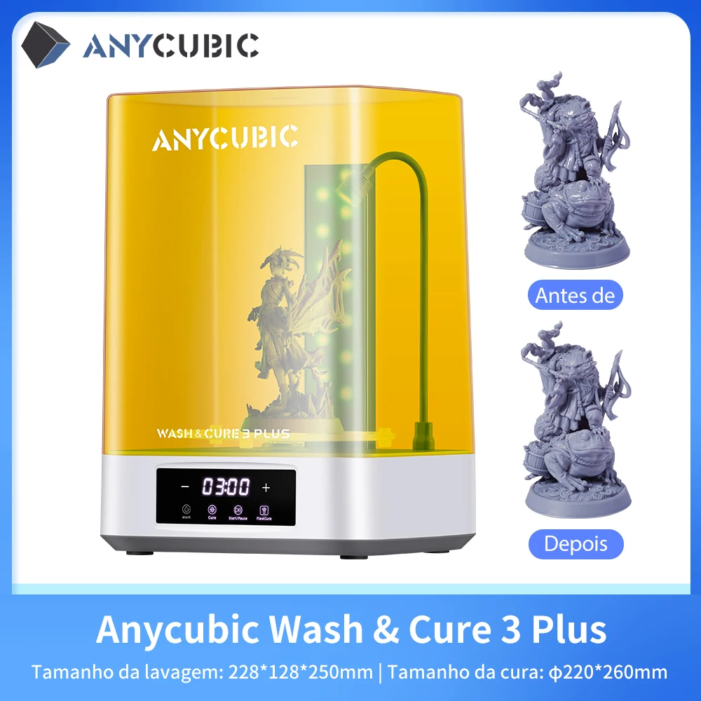 Anycúbico lavagem & cura 3 plus máquina de lavar de cura de grande volume para impressora 3d de resina lcd sla tamanho de limpeza 228*128*250mm