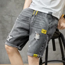 Summer Men's Grey Perforated Denim Shorts Korean Fashion Slim Elastic Five-piece Jeans Shorts Male Brand Pants 11styles