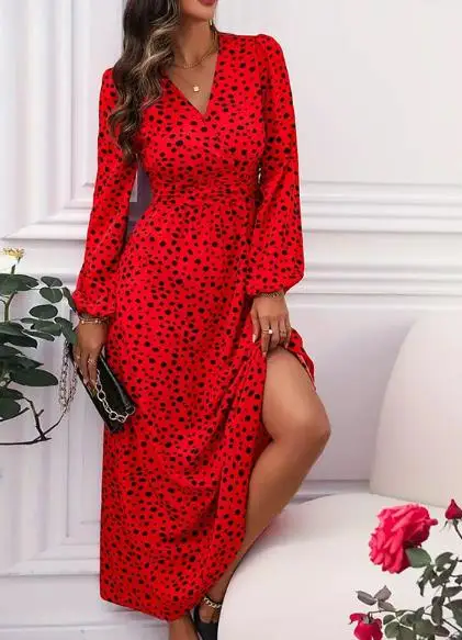 

Women Dresses 2026 Spring Autumn New Fashion Polka Dot Print V-Neck Waist Cinched Long Sleeved Casual A-Line Long Dress