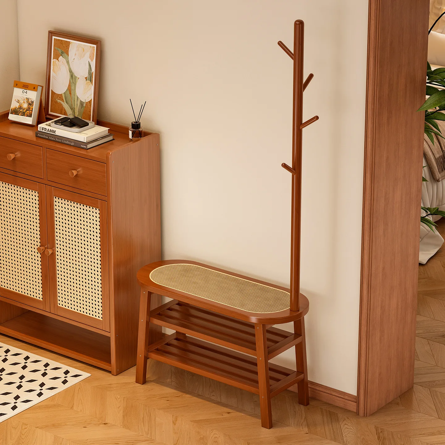 Shoe changing stool household door, stool hanging clothes integrated coat rack entrance