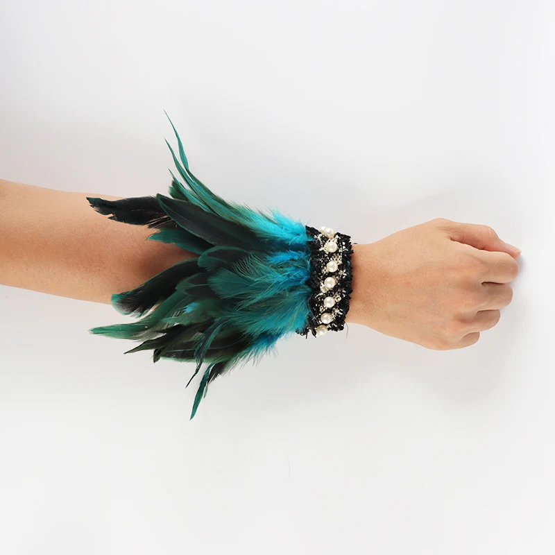 Puños de plumas de gallo naturales para mujer, muñequeras desmontables, calentador de brazos, accesorios góticos para fiesta Rave, manchette de