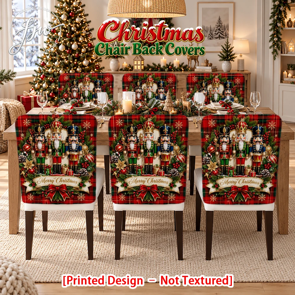 6/4/2pc Christmas Nutcracker Chair Back Covers, Festive Plaid Christmas Dining Chair Slipcovers for Holiday Party Decor