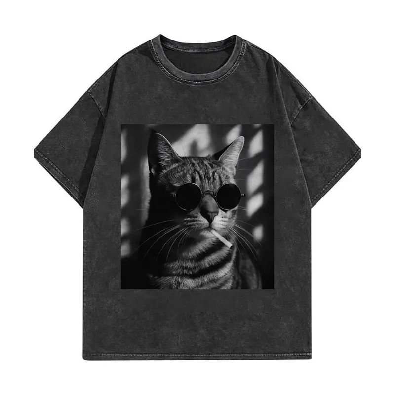 

Funny Smoking Cat Meme T-shirts High Street Fashion Trend Vintage Washed T-shirt Men Women Casual Cotton Short Sleeve T Shirts