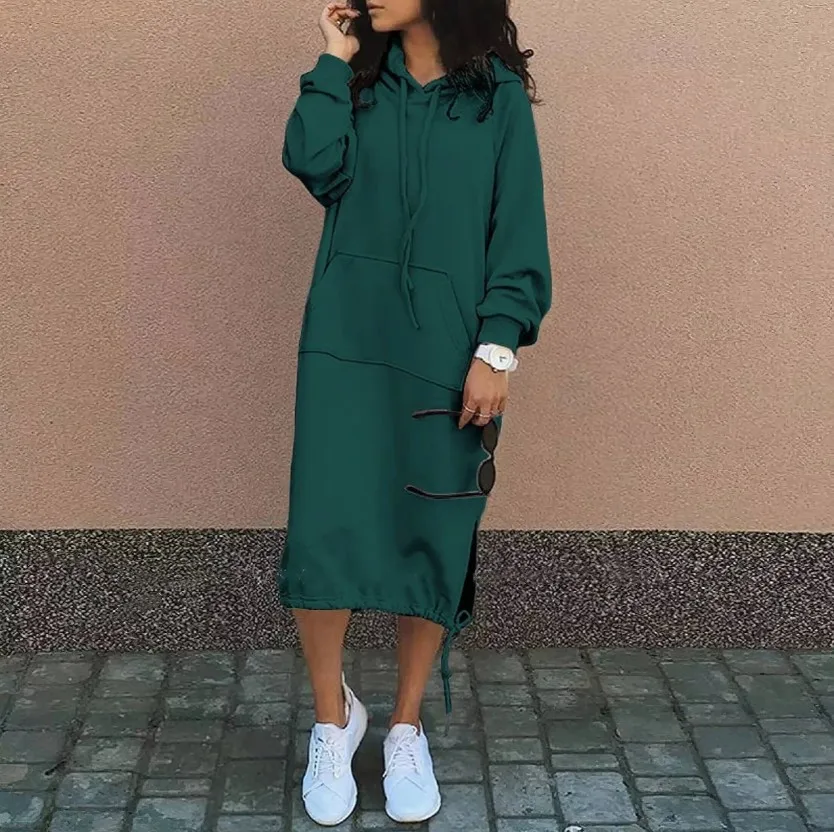 Damen locker geschnittenes, lässiges, mehrfarbiges Hoodie-Kleid mit langen Ärmeln, Kordelzug, Tasche und seitlichem Schlitz für den Alltag und zum Entspannen. – Detail 11