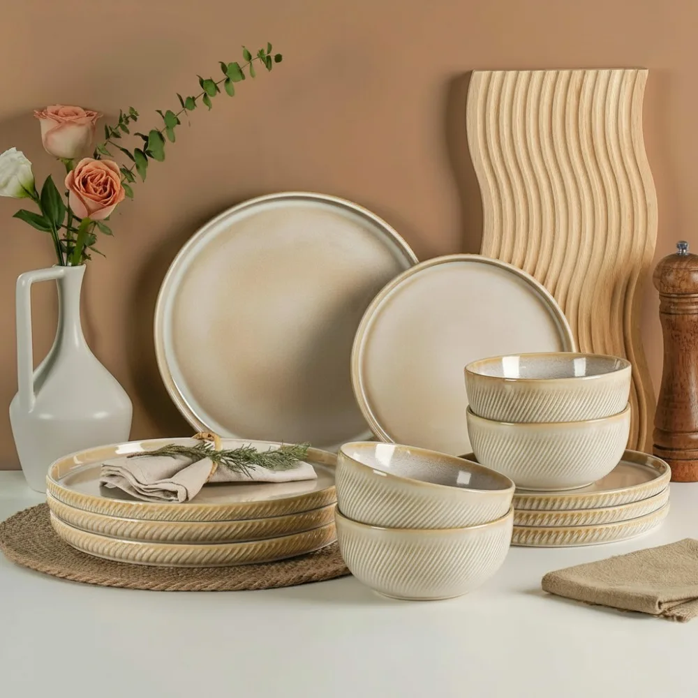 

12-Piece Stoneware Dinnerware Set for 4, Scratch Resistant Ceramic Plates & Bowls, Dishwasher Microwave Safe