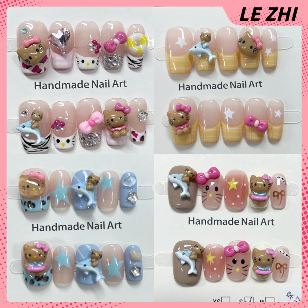 

10Pcs Handmade Short Square Nude French Hellokitty Pink False Nail Cute Kawaii Reusable Portable Full Cover Nail Tips Girls Gift