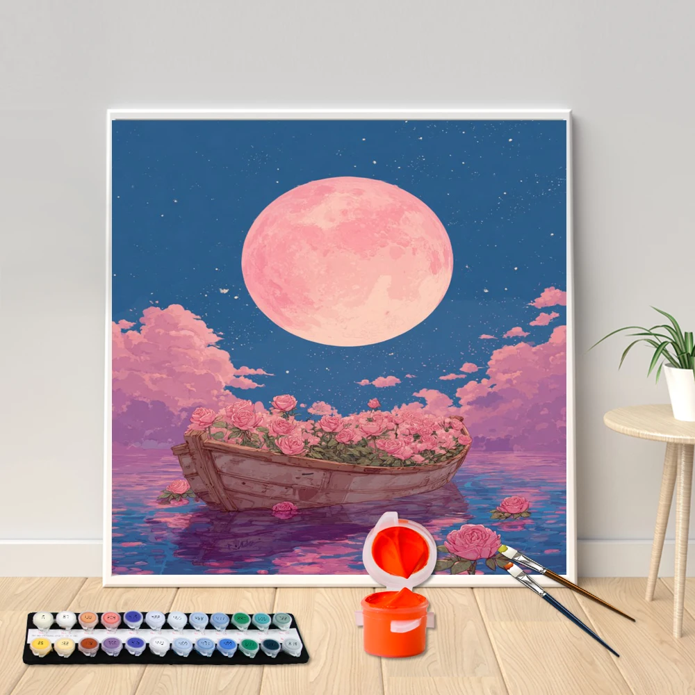 

Painting By Numbers acrylic painting square canvas set Pink Moon Rose Ship DIY hand-painted home decoration