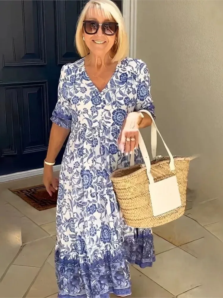 Damesjurk V-hals Bloemen Kwartmouwen Losse taille Gewaad Elegant Woon-werkverkeer Casual Strand Pastoraal Feest Schoolfeest Vakantie Vestidos