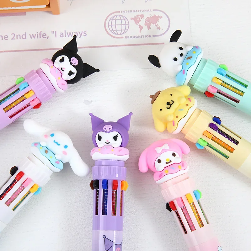 Sanrio Cartoon Balpen 3 stks Kuromi Hello Kitty Cinnamoroll 10 Kleur 0.7 School Student Briefpapier Tekenen Wrirte Mark Pen