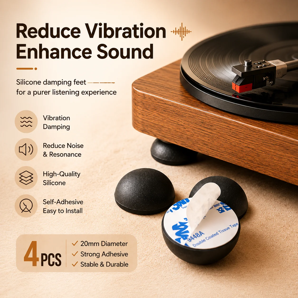 Sound Equipment AntiResonance Silicone Feet, Secure Adhesive, 20mm Silicone Elastomer Damper Set of 4 Accessory
