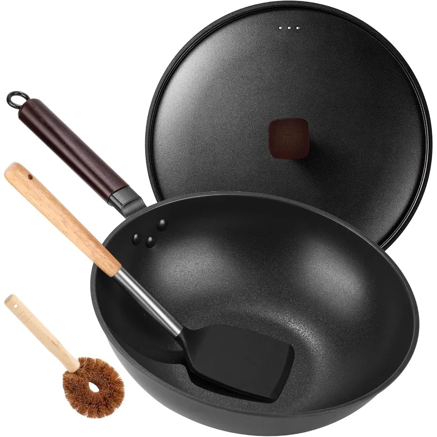 

Carbon Steel Wok Pan 13" Wok Pan with Lid Woks and StirFry Pans Nonstick with Spatula and Brush Chinese Wok Flat Bottom Wok for