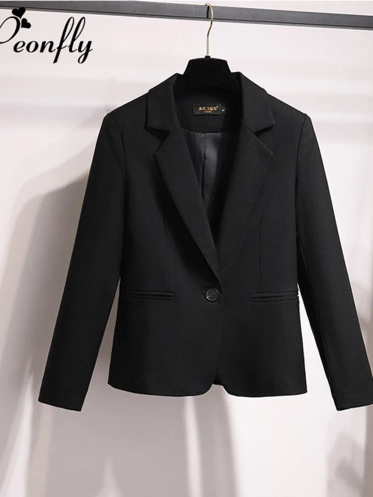 

PEONFLY Fashion 2020 Women Solid Color Black Blazer Jacket Casual Long Sleeve Loose Coat Office Lady Single Button Blazer