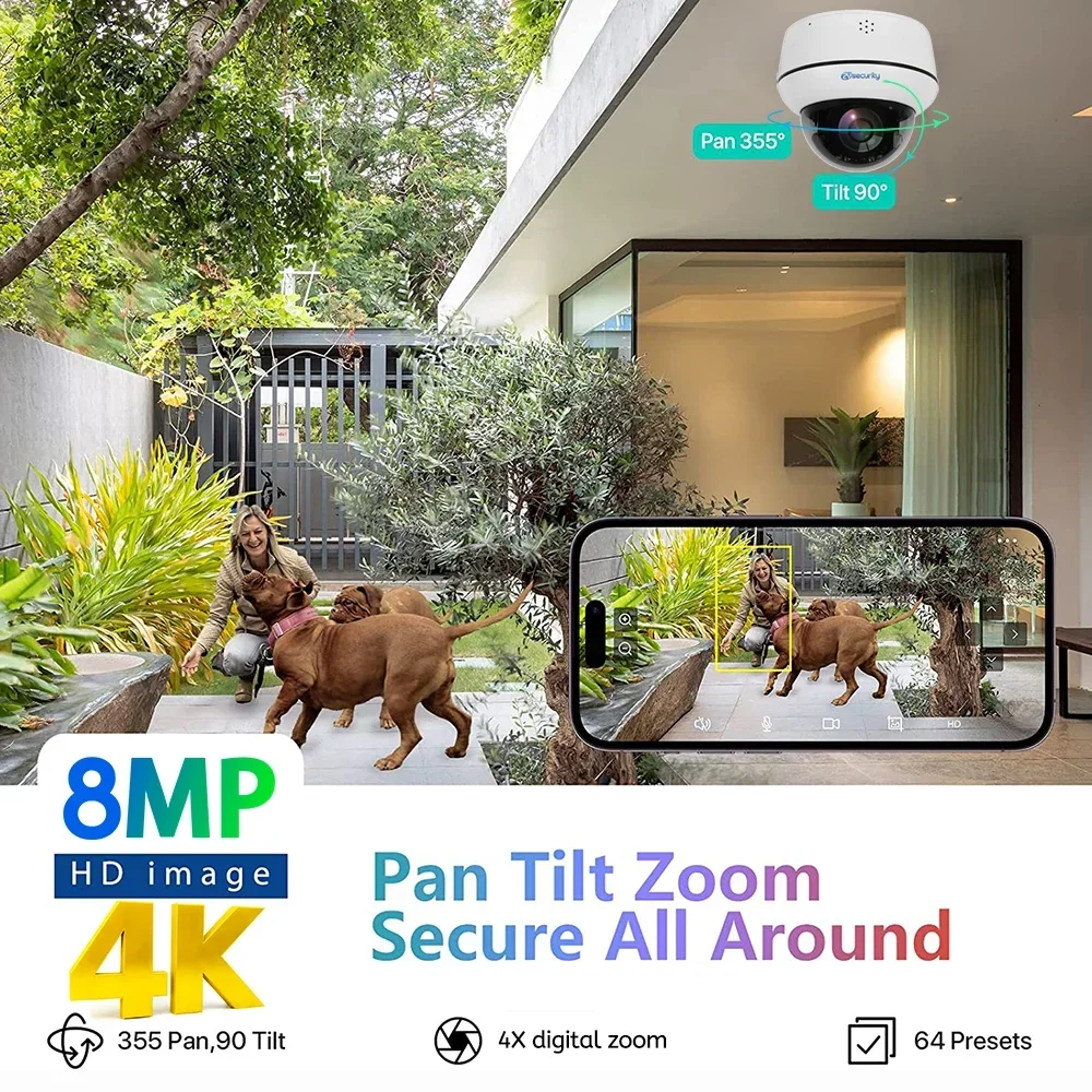 4K WiFi/POE Dome IP Camera Outdoor 8MP Auto Tracking PTZ Security Camera Human/Vehicle Detect 2-way Talk Wireless Surveillance