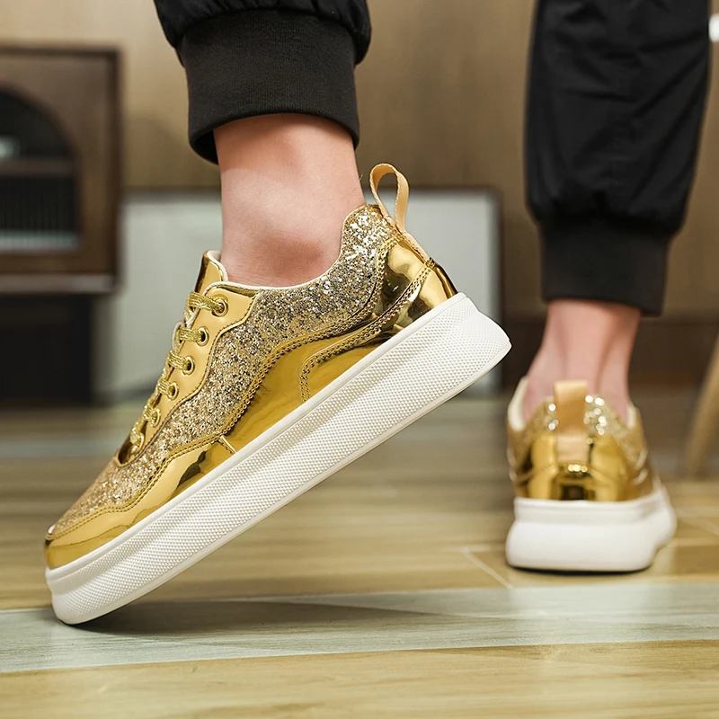 Zapatos de diseñador de lujo dorados y plateados brillantes para hombre, zapatillas informales para monopatín, plataforma con purpurina, calzado deportivo elegante para mujer