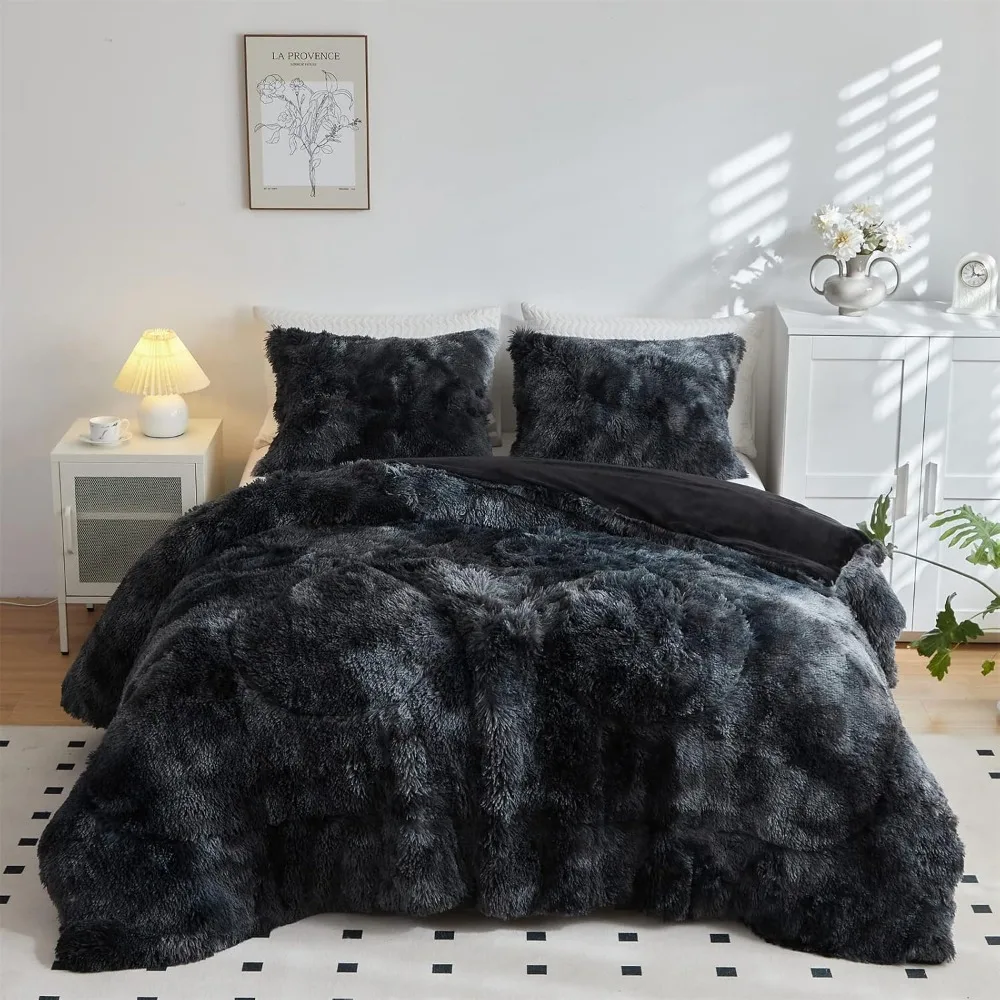 Faux Fur Plush Black Comforter Set Fluffy Fuzzy Shaggy Bedding Set - 3PC King Size Microfiber Soft Warm Quilt Set