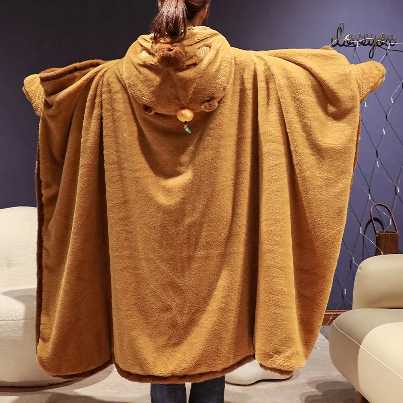 Cartoon Seal Alien Cat Capybara Hooded Blanket Plush Cloak For Winter Green Flannel Wearable Robe With Gloves Home Office Nap