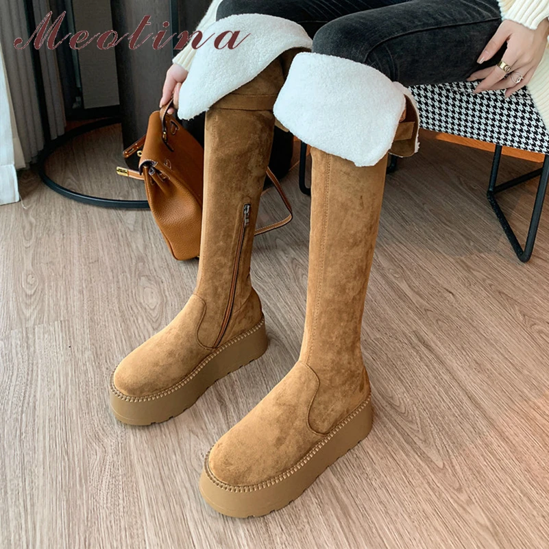 

Meotina Women Over-the-Knee Boots Round Toe Flat Platform High Heels Buckle Zipper Long Boot Ladies Fashion Shoes Winter Apricot