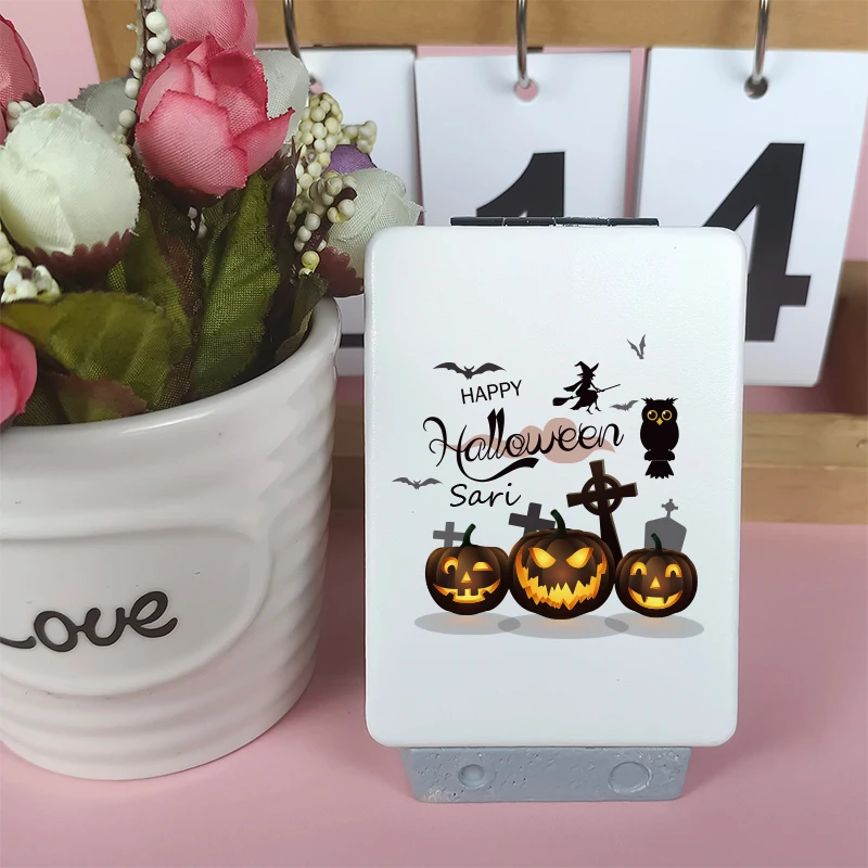 

1pc Pumpkin owl funny White UV Print Customized Name Metal Fold Mirror Gift for Her