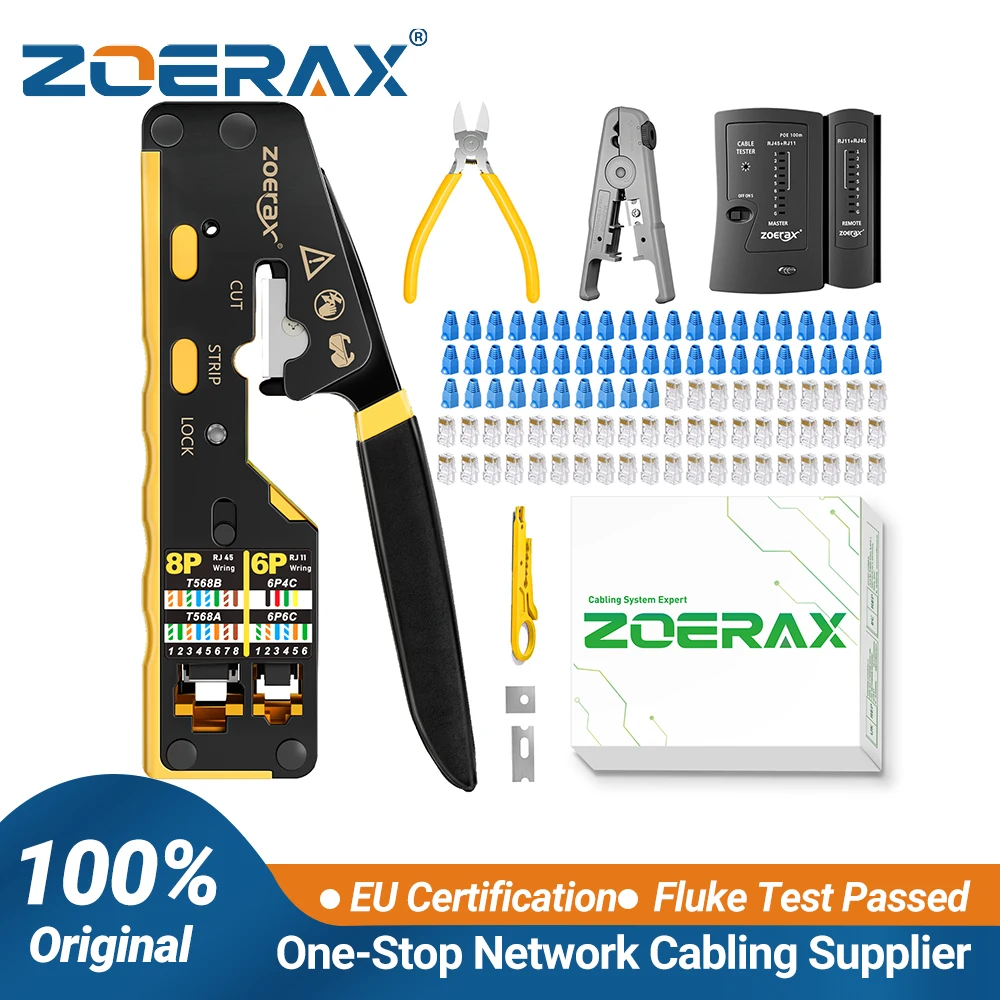 ZoeRax RJ45 CAT6 CAT5E Network Tool Kit,Crimper,Cable Tester,Wire Cutter,Blades,50Pcs CAT6 CAT5 Connectors and Plug Covers