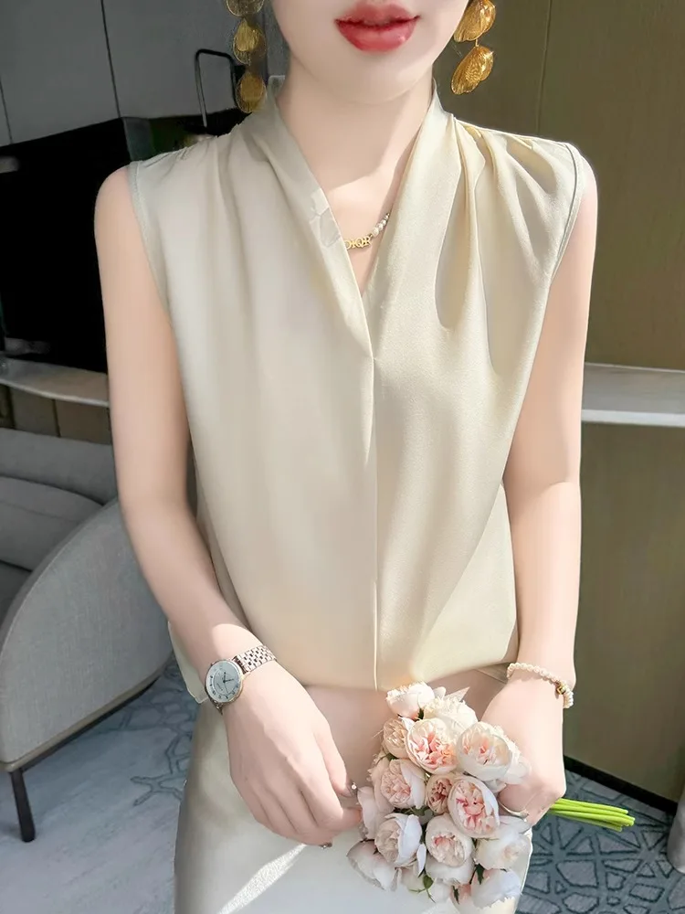 

Silk Acetate Satin Vest Women's Summer New V-ne True Silk White irt Base Match Suit Inner Top Loose Fit Commute Sle