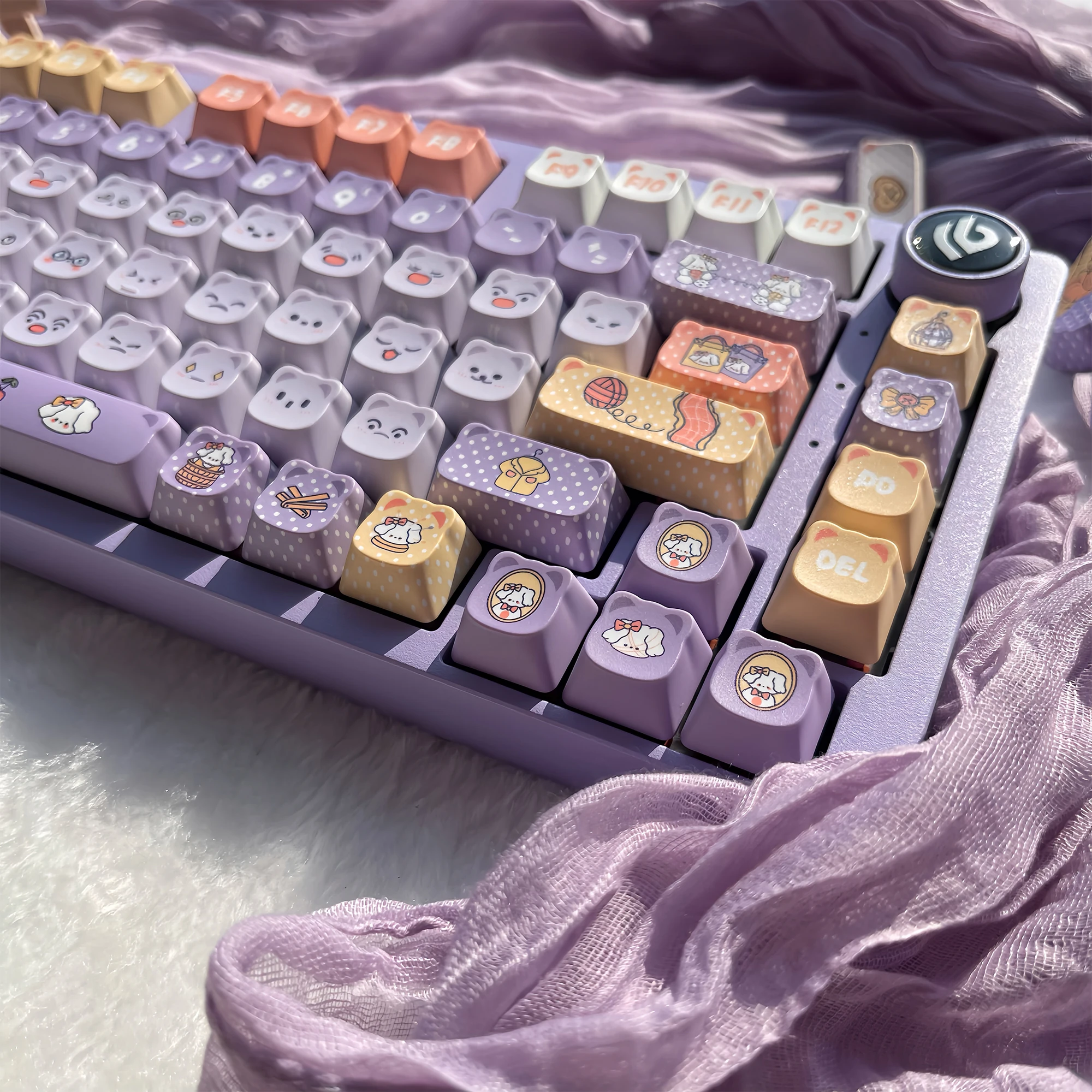 Tailor Dog Theme Keycaps Thermal Sublimation PBT Cherry Profile Keycaps 130 Keys Purple Custom Keycaps for Mechanical Keyboards