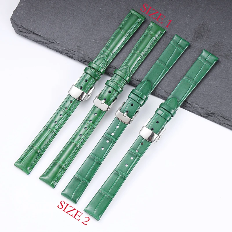 14mm 20mm 22mm High Quality Bamboo Pattern soft cowhide Strap Men Butterfly Buckle leather Green Watchband Bracelet