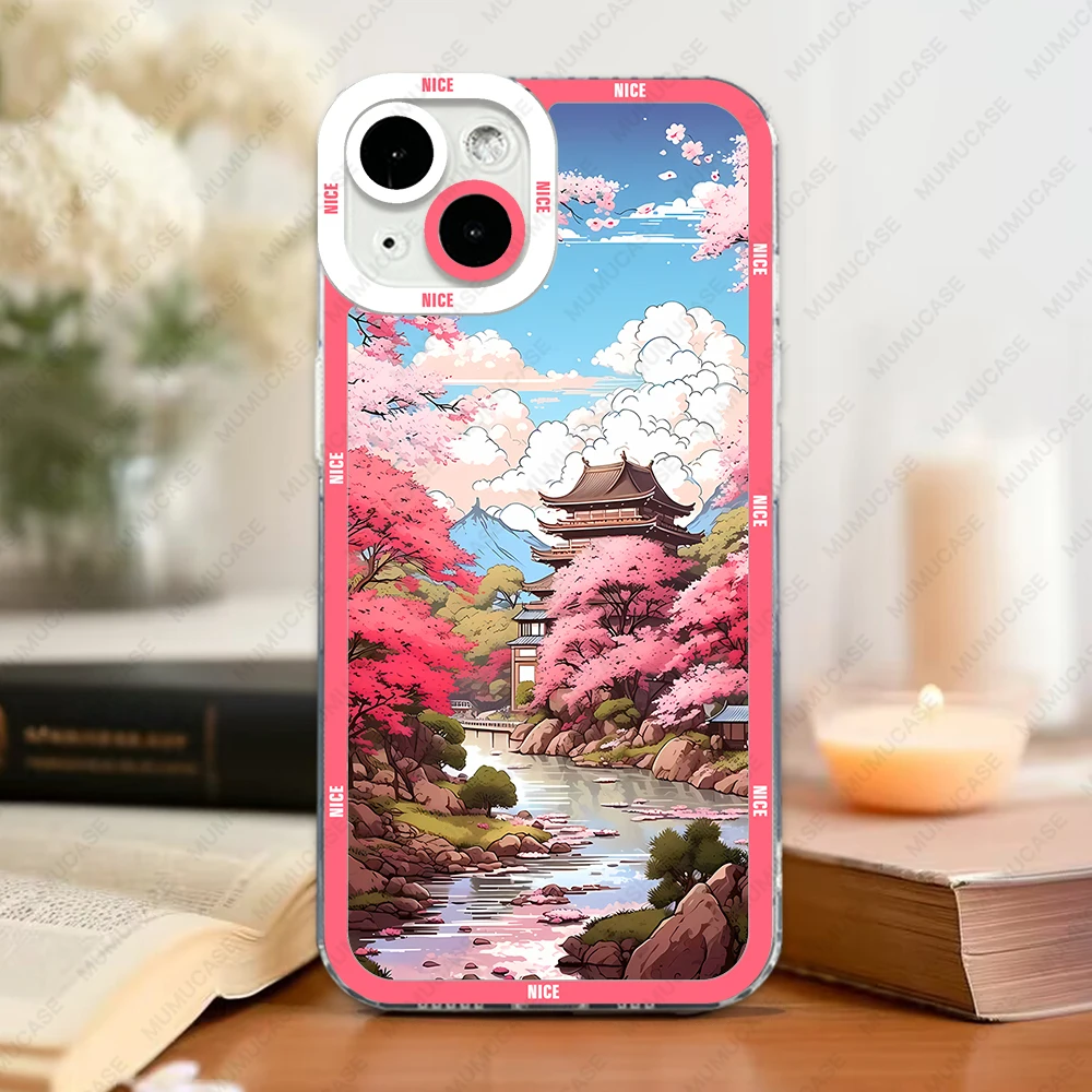 Case For iPhone 16 15 14 13 Pro Max 12 Mini 11 XS X XR SE 7 8 Plus Soft Cover Japanese Landscape Cherry Blossoms