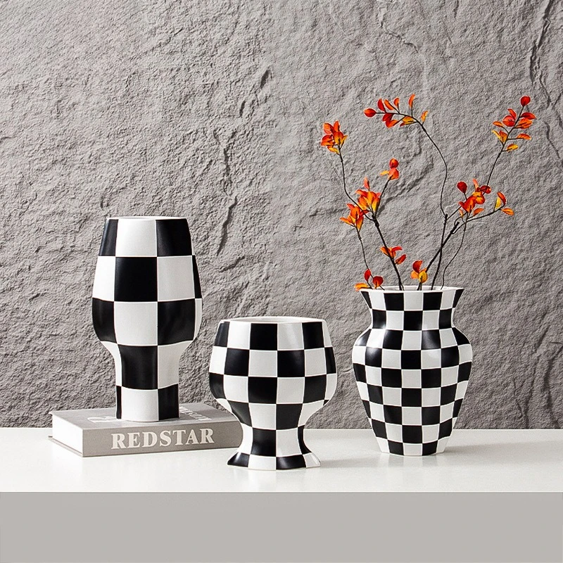 Modern Crafts Irregular Shaped Vases Room Aesthetic Decor Black and White Check Texture Vase Desk Decoration Flower Arrangement