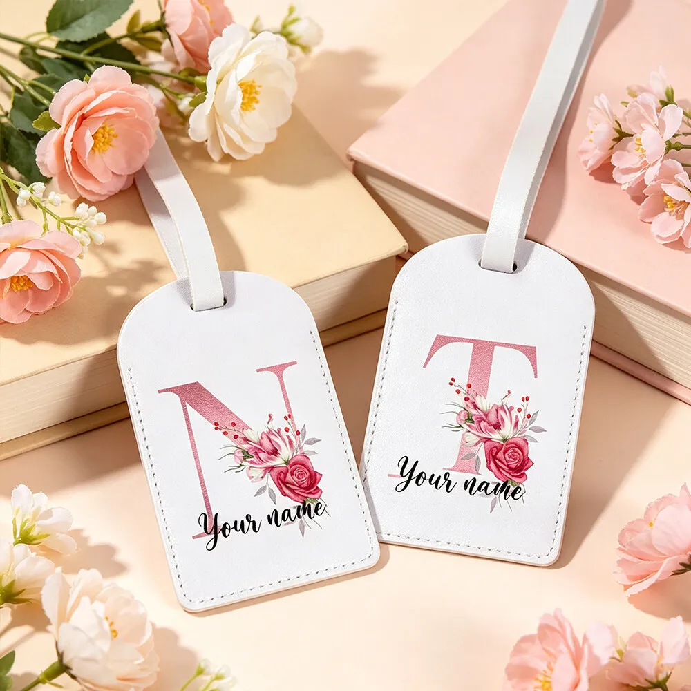 Personalized Watercolor Pink Rose Floral 26 Initial Luggage Tag Custom Name PU Leather Suitcase Tag Bridesmaid Wedding Gift