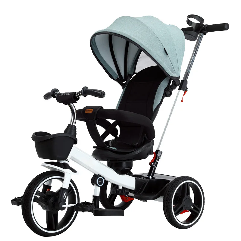 Baby Tricycle, 3-in-1 Baby Push Bike Steer Stroller, Detachable Guardrail, Adjustable Canopy, Safety Harness, Folding Pedal