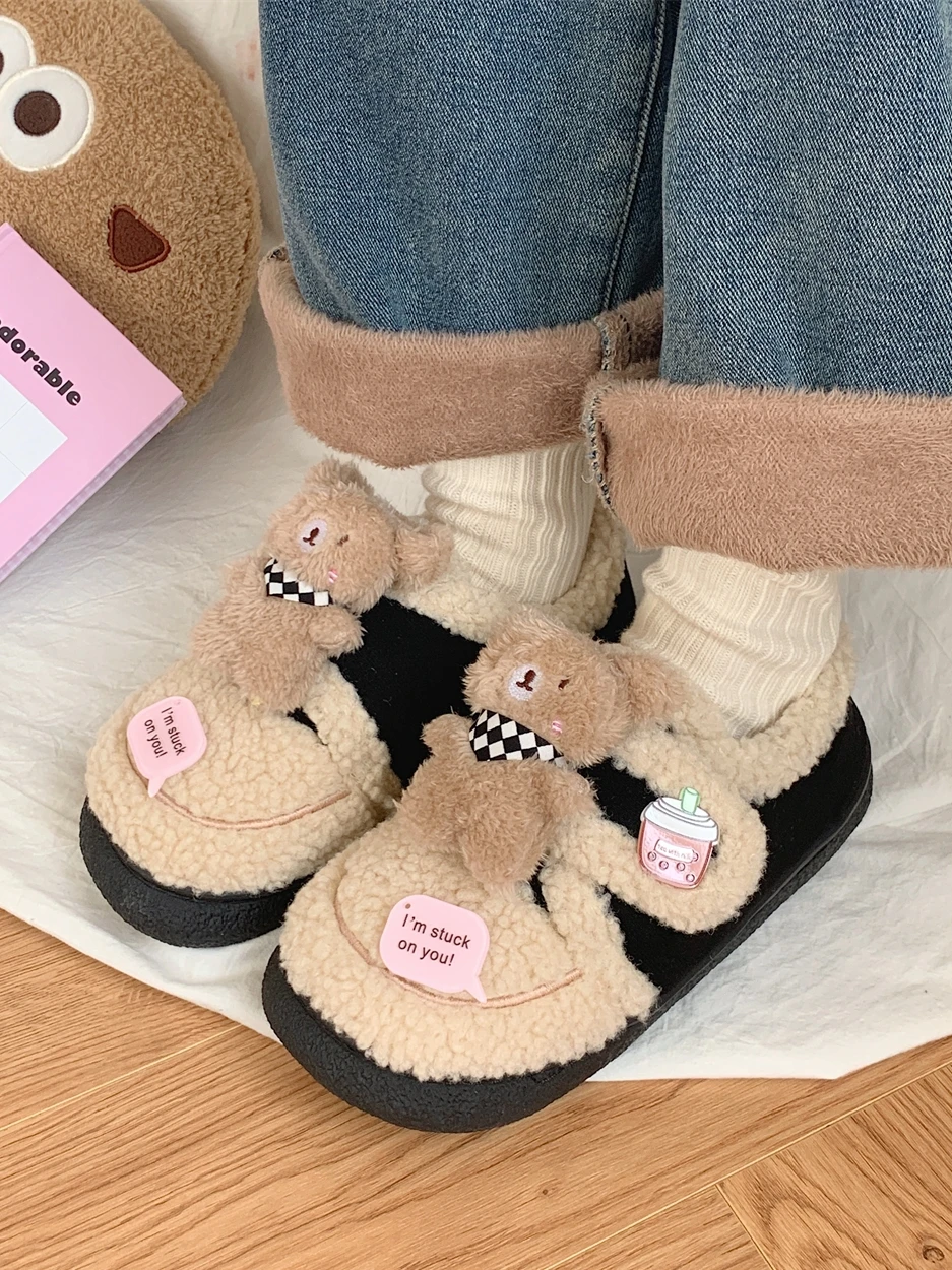 Winter Parent-Child Matching Cute Bear Lamb Fur Cotton Shoes Women's Fashionable Bean Shoes Low Heel Flat round Toe Deep Mouth